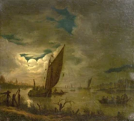 Scène de rivière avec bateaux et personnages
