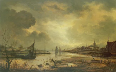 Ville hollandaise sur une rivière au clair de lune