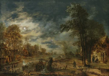 Paysage au clair de lune avec un village