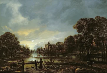 Paysage fluvial au clair de lune avec cottages sur les rives boisées