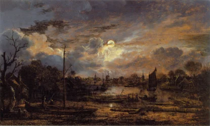 Paysage fluvial au clair de lune