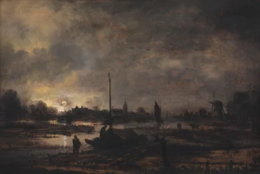 La lune se levant sur un village