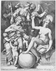 Allégorie du Psaume de David, Miséricorde assise à gauche nourrissant quatre enfants, 1579