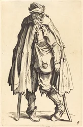 Mendiant avec béquilles et sac