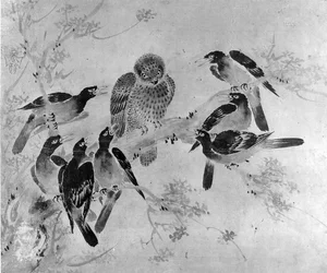 Oiseaux mynah attaquant une chouette, probablement XIXe siècle