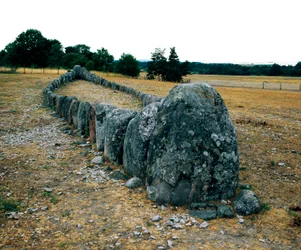 Alignement de pierres en forme de navire, tombe préhistorique de Gannarve. Âge du bronze. Dim 5x29 m Visby, Suède