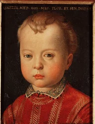 Portrait de Garzia de Médicis (1547-1562) enfant. Peinture par Allori Angelo di Cosimo dit Bronzino (1503-1572) 16e siècle. Palais Medici-Riccardi, Florence