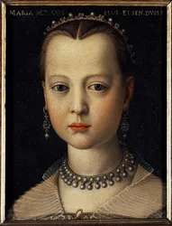 Portrait de Marie de Médicis (1540-1557), fille de Cosme Ier de Toscane (Cosme Ier de Médicis) (1519-1574) (Portrait de Maria de Médicis, fille de Cosme Ier de Médicis, grand-duc de Toscane). Peinture de Bronzino (Agnolo di Cosimo) (1503-1572), 1551