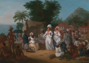 Marché de lin avec un étal de lin et un vendeur de légumes aux Antilles
