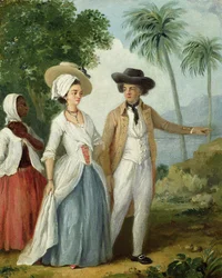 Un planteur et sa femme, assistés par un serviteur, vers 1780