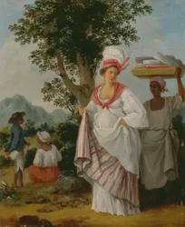 Une créole antillaise assistée par son serviteur noir, vers 1780