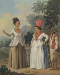 Femmes de couleur des Antilles, avec un enfant et un serviteur noir, vers 1780