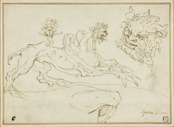 Quatre esquisses : Griffon, Tête grotesque, Tête de satyre, Jambe pliée