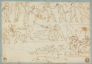 Frise de putti, croquis de Lot et ses filles, croquis de bâtiments