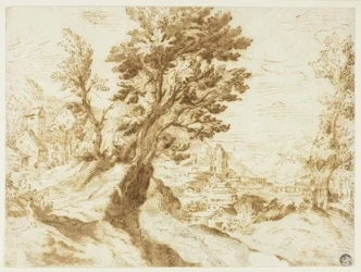 Paysage vallonné avec ville au loin