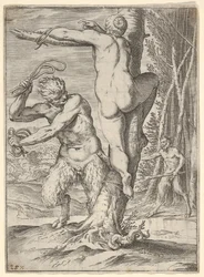 Satyre fouettant une nymphe, vue de dos et attachée à un arbre, un deuxième satyre...