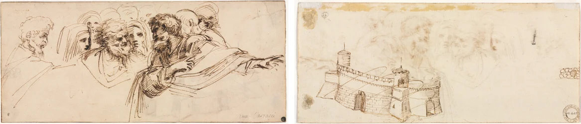 Étude de têtes (recto); Forteresse crénelée (verso)