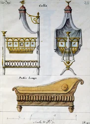 Lit de bébé et canapé, tiré de Lavori di falegname e Fabbro ideati e disegnati da me Agostino Fantastici, manuscrit 3, planche 38