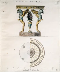 Table basse conçue par Agostino Fantastici pour Francesco Piccolomini Bandini, dessin, Italie