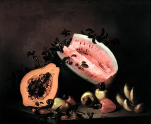 Nature morte de papaye, pastèque et noix de cajou