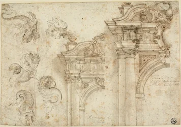 Feuille de croquis : monstres marins et portails élaborés (recto) ; croquis de détails architecturaux (verso)
