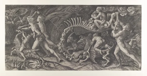 Lo Stregozzo : une sorcière chevauchant un squelette animal, précédée de deux hommes et ..., vers 1515-25
