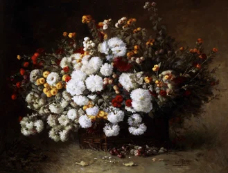 Nature morte avec fleurs (asters). Peinture de Aime Perret (1847-1927) Collection privee.