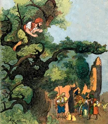 Ali Baba écoute un groupe de quarante voleurs visitant leur trésor Illustration par Albert Robida pour Ali Baba et les Quarante Voleurs 1945 Collection privée