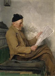 Fermier lisant sur le banc du poêle