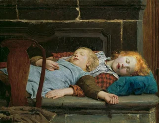 Deux jeunes filles endormies sur le banc du poêle, par Anker, Albert (1831-1910)