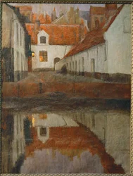 Une petite ville au bord de la rivière, Flandres (peinture sur toile)