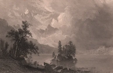 Vue du lac Esther, Sierra Nevada, Californie, États-Unis, gravure sur acier par Robert Hinshelwood (1812-après 1875) d