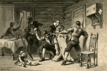 Les puritains barricadant leur maison contre les Indiens, 1877