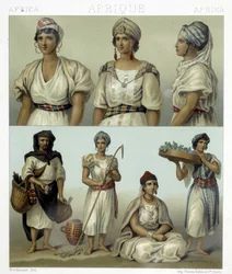 Costumes et coiffes des femmes kabyles (haut). Costumes tunisiens et algériens (bas). Illustration dans « Le costume historique » par Racinet
