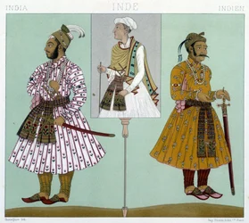 Costumes de dignitaires moghols. Gravure de Racinet