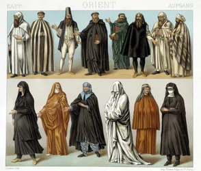 Costumes de moines et religieux au Moyen-Orient au XIXe siècle. Illustration dans « Le costume historique » de Racinet
