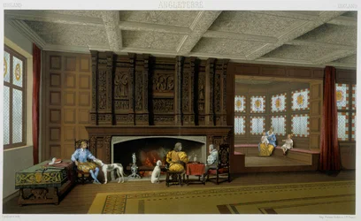 Lord anglais et sa famille dans sa maison du 17e siècle. Planche chromolithographique - dans « Le costume historique » par Racinet