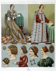Mode et coiffure en Europe au 16e siècle - dans « Le costume historique » par Racinet, fin du 19e siècle