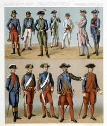 Costumes militaires français au 18e siècle. Illustration dans « Le costume historique » par Racinet