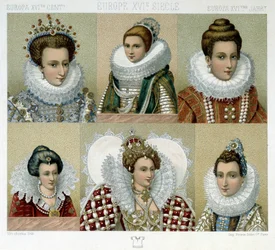 Coiffures en France au 16e siècle (et portrait de Marie de Médicis) - dans « Le costume historique » par Racinet, fin du 19e siècle