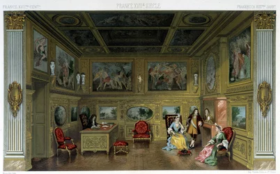 Hommes et femmes dans une maison riche du 18e siècle. Illustration dans « Le costume historique » par Racinet