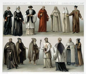 Costumes monastiques en Europe du XVe au XVIIIe siècle. Illustration dans « Le costume historique » de Racinet