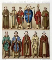 Costumes religieux en Europe au Moyen Âge. Illustration dans « Le costume historique » par Racinet