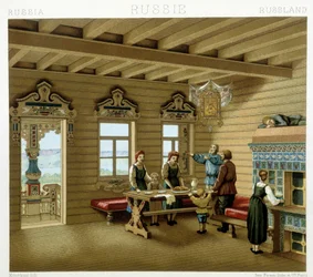 Famille russe dans une résidence typique en Russie au 19e siècle. Planche chromolithographique - dans « Le costume historique » par Racinet