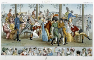 Les bourgeois marchant vers Longchamp, début 19e siècle - dans « Le costume historique » par Racinet