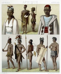 Costumes traditionnels et bijoux de Tombouctou et du Haut-Nil. Illustration dans « Le costume historique » par Racinet