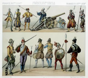 Guerriers au XVIe siècle - dans « Le costume historique » par Racinet