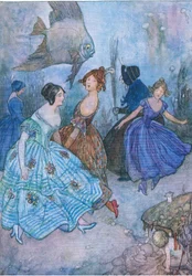 Elle a bourré leurs pauvres pieds dans les bottes les plus terriblement serrées, et les a fait danser, de The Water Babies publié par Humphrey Milford Oxford University Press, vers 1930 (lithographie en couleur)