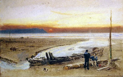 Scène de rivage au coucher du soleil