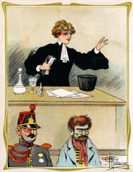 Une avocate au visage magnifique, plaide et défend son client avec patience. Publicité, gravure 1902-1903